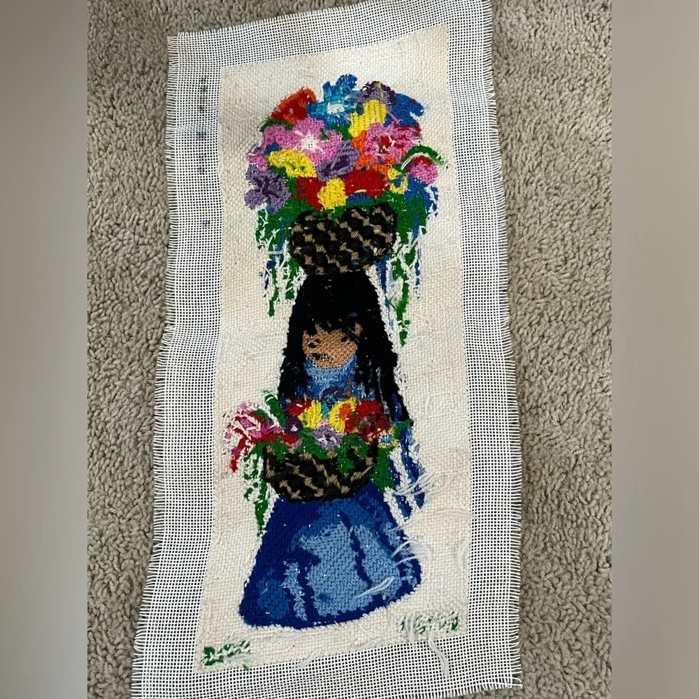 Colorful Floral Needlepoint Artwork Vintage FINISHED AND UNFRAMED 9.5”x 20”